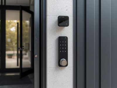 Secure residential building entrance with access control system, keycard entry, intercom, camera, modern design, realistic real estate photography